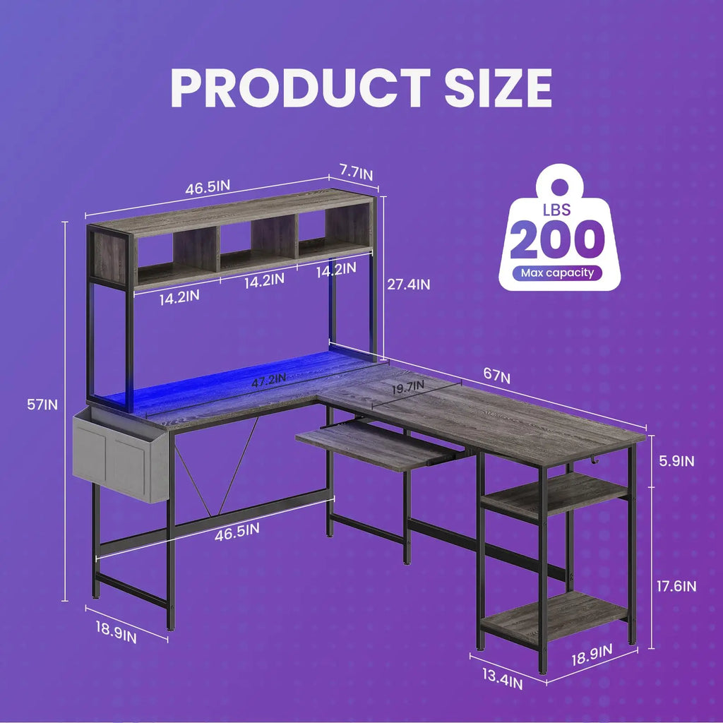 L Shaped Reversible Gaming Desk with Led Lights