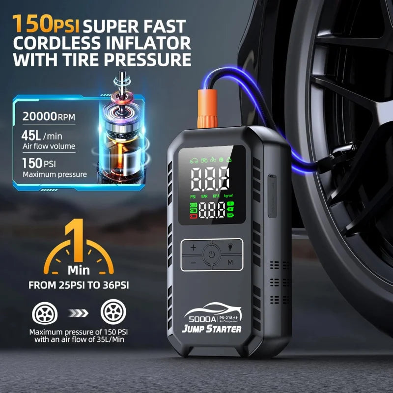 Car Emergency Jump Starter Device| And Air Pump Combo Booster| Car Battery Starter Power Bank Tire Inflator 6000mA-12000mA