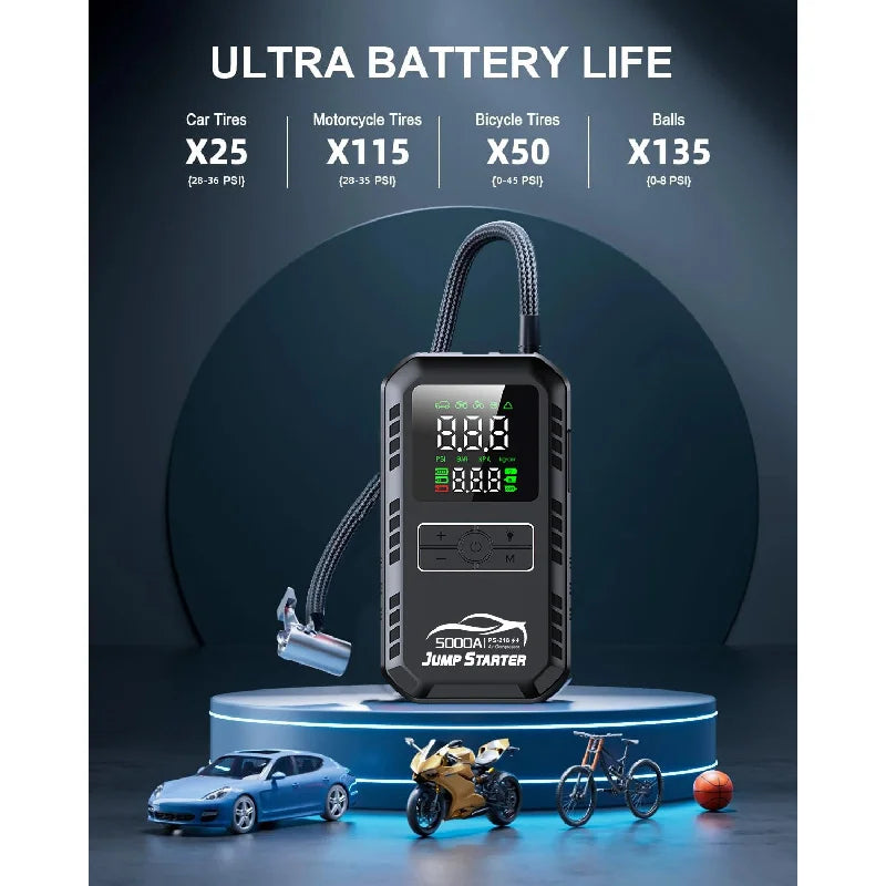 Car Emergency Jump Starter Device| And Air Pump Combo Booster| Car Battery Starter Power Bank Tire Inflator 6000mA-12000mA