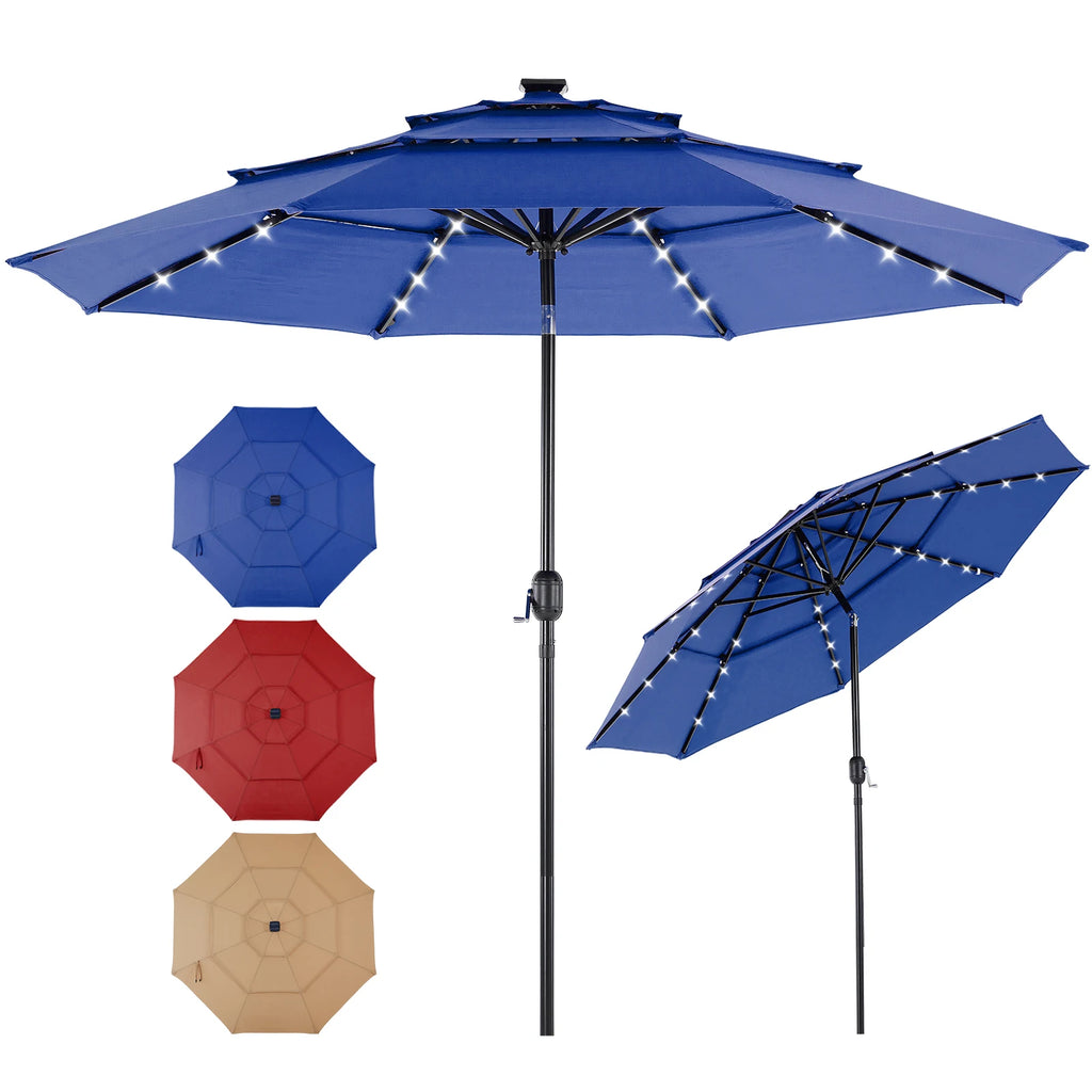 |TILTING| 10FT Solar Patio Outdoor Umbrella with Solar 32 LED Lights with 8 Sturdy Ribs