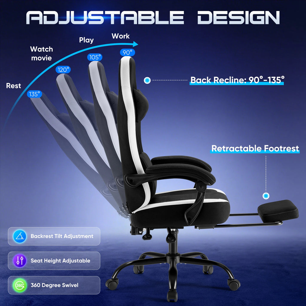 Gaming Chair Height Adjustable 360° Swivel with Headrest Lumbar Support Linkage Armrests