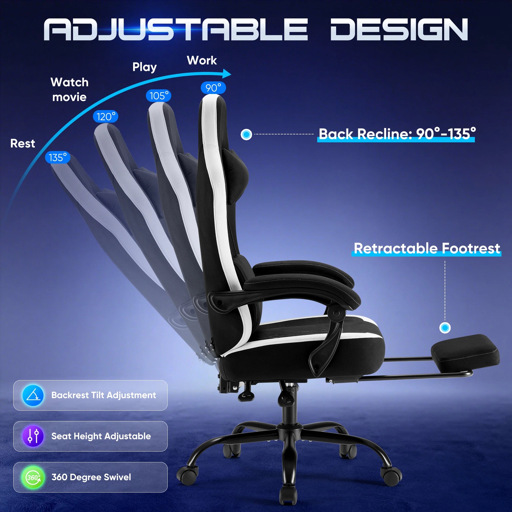 Gaming Chair Height Adjustable 360° Swivel with Headrest Lumbar Support Linkage Armrests