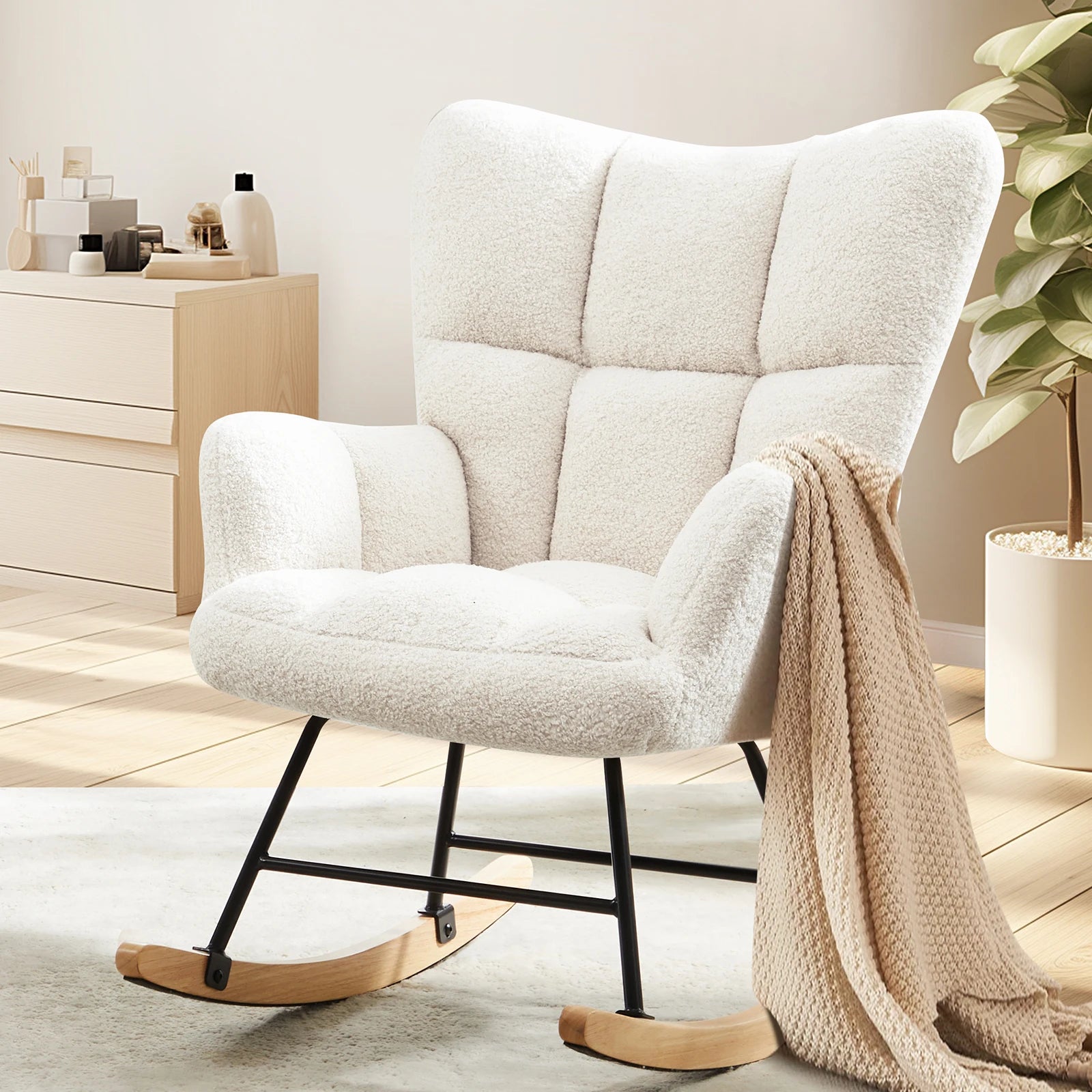 Teddy Fabric Upholstered Glider With High Backrest,Padded Seat, Accent Recliner,Cushion Rocker Armchair,Bedroom Furniture
