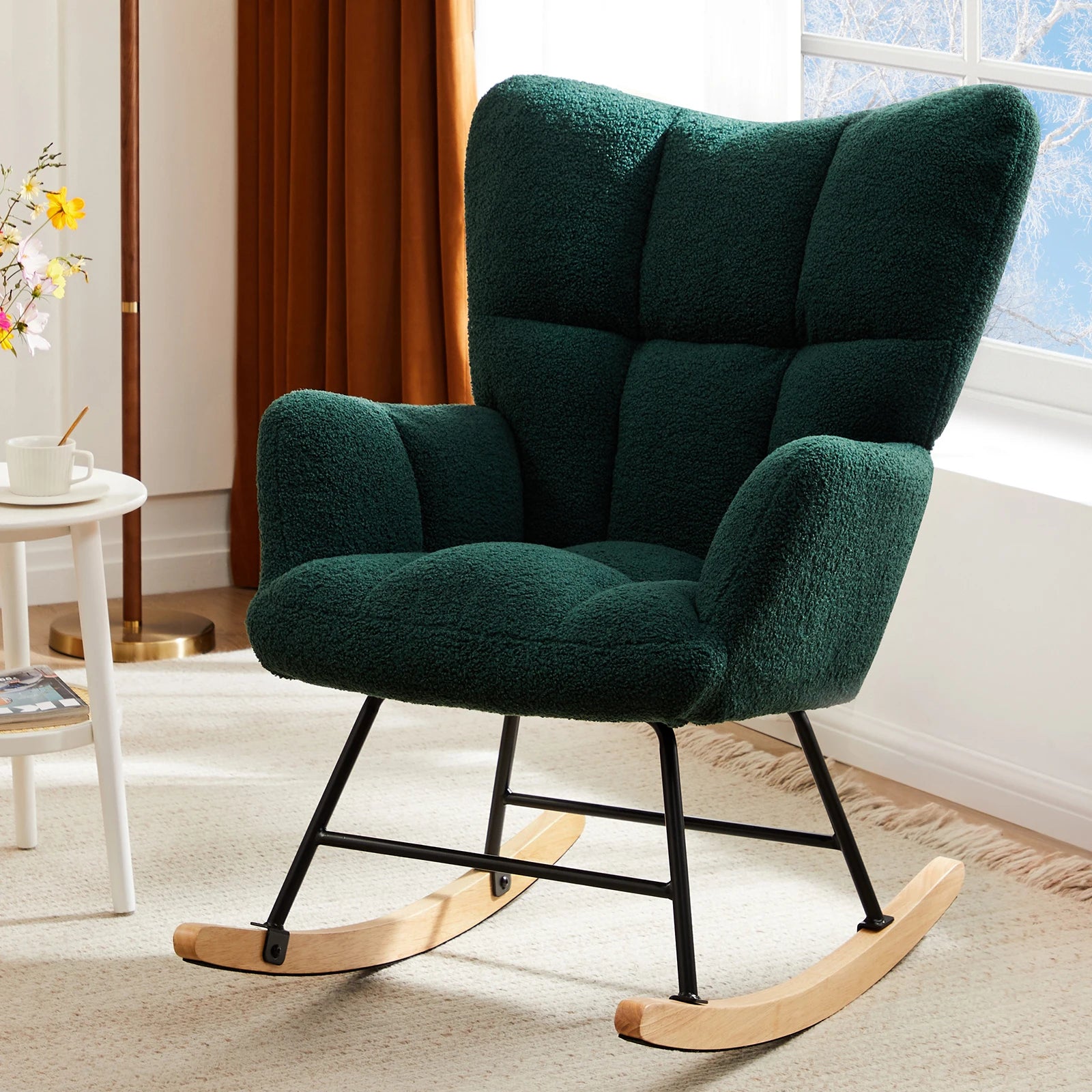 Teddy Fabric Upholstered Glider With High Backrest,Padded Seat, Accent Recliner,Cushion Rocker Armchair,Bedroom Furniture