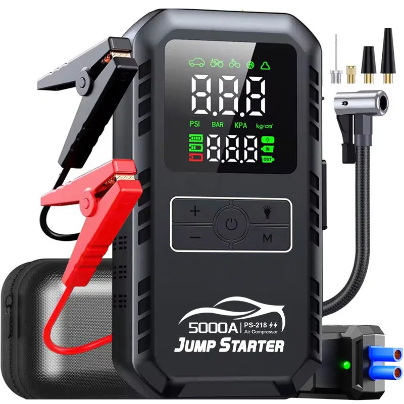 Car Emergency Jump Starter Device| And Air Pump Combo Booster| Car Battery Starter Power Bank Tire Inflator 6000mA-12000mA