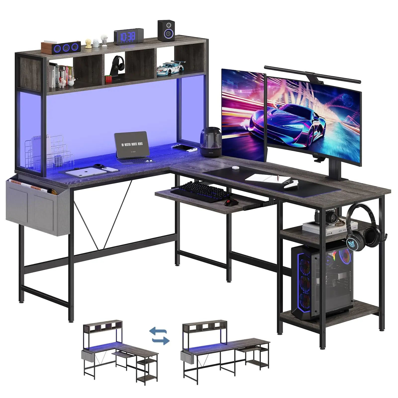 L Shaped Reversible Gaming Desk with Led Lights