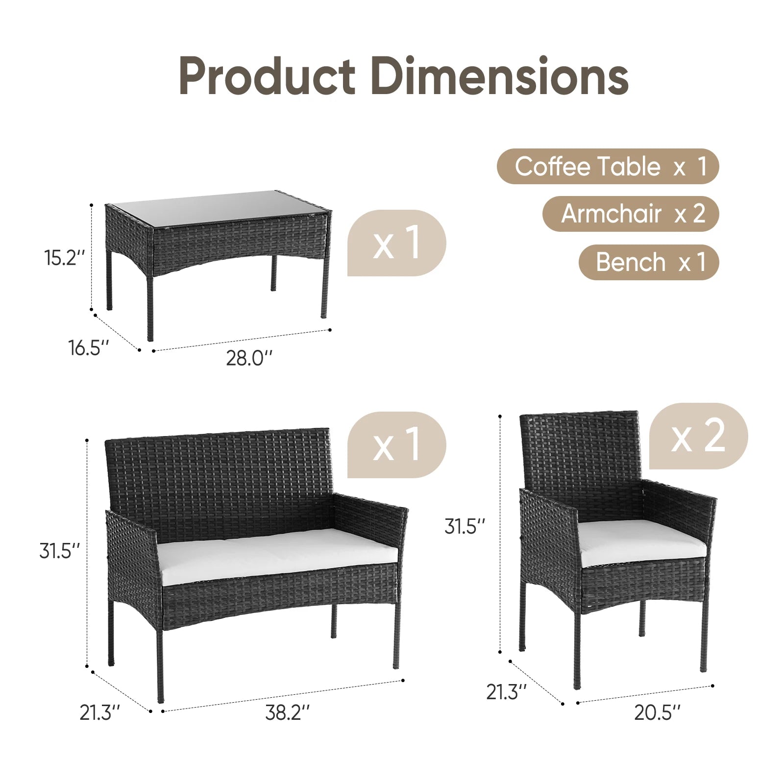 Large Size 4-Piece Patio Furniture Set (Weather-Resistant PE Rattan Wicker Outdoor Conversation Set with Tempered Glass)