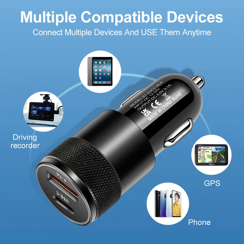 66W USB Car Charger| Quick Charge 3.0 USB Type C Fast Charging Phone Adapter For Iphone, Laptops, Tablets