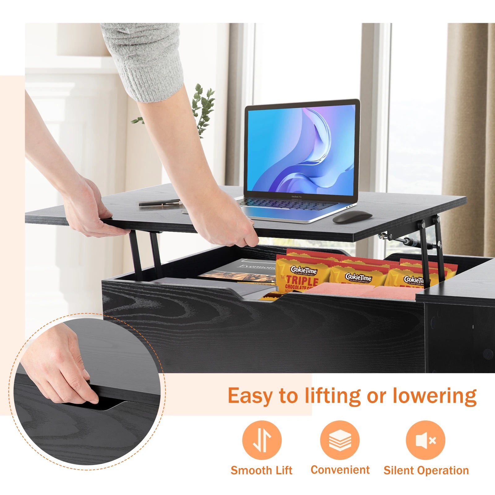 Lift Top Coffee Tables For Living Room (Adjustable Storage Shelf Easy Lift Or Lower)