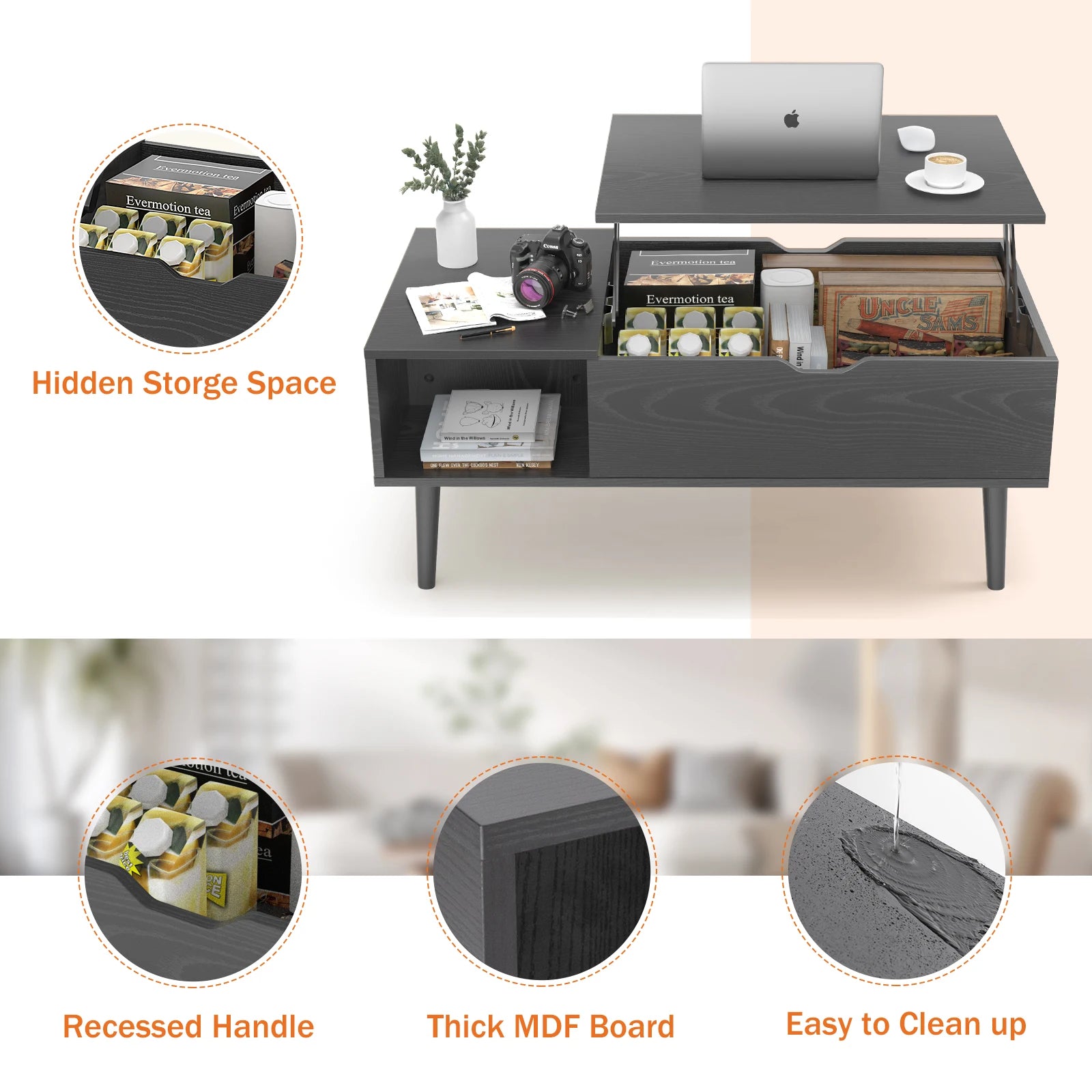 Lift Top Coffee Tables For Living Room (Adjustable Storage Shelf Easy Lift Or Lower)