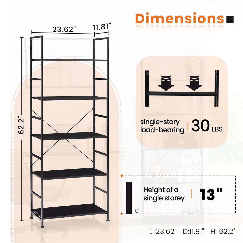 5 Tier Bookcase Bookshelf (Storage Organizer for Bedroom, Home Office, Kitchen, Living Room)