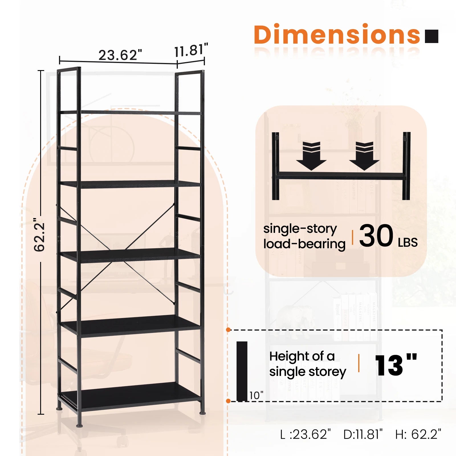 5 Tier Bookcase Bookshelf (Storage Organizer for Bedroom, Home Office, Kitchen, Living Room)