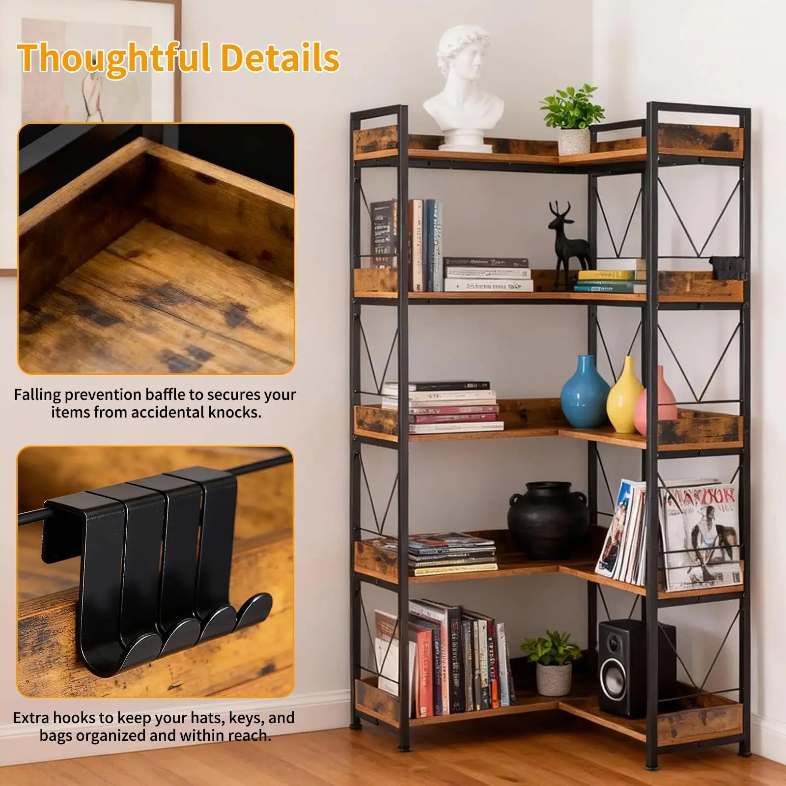 L Shaped Bookshelf 5 Tier Corner Bookcase with Hooks