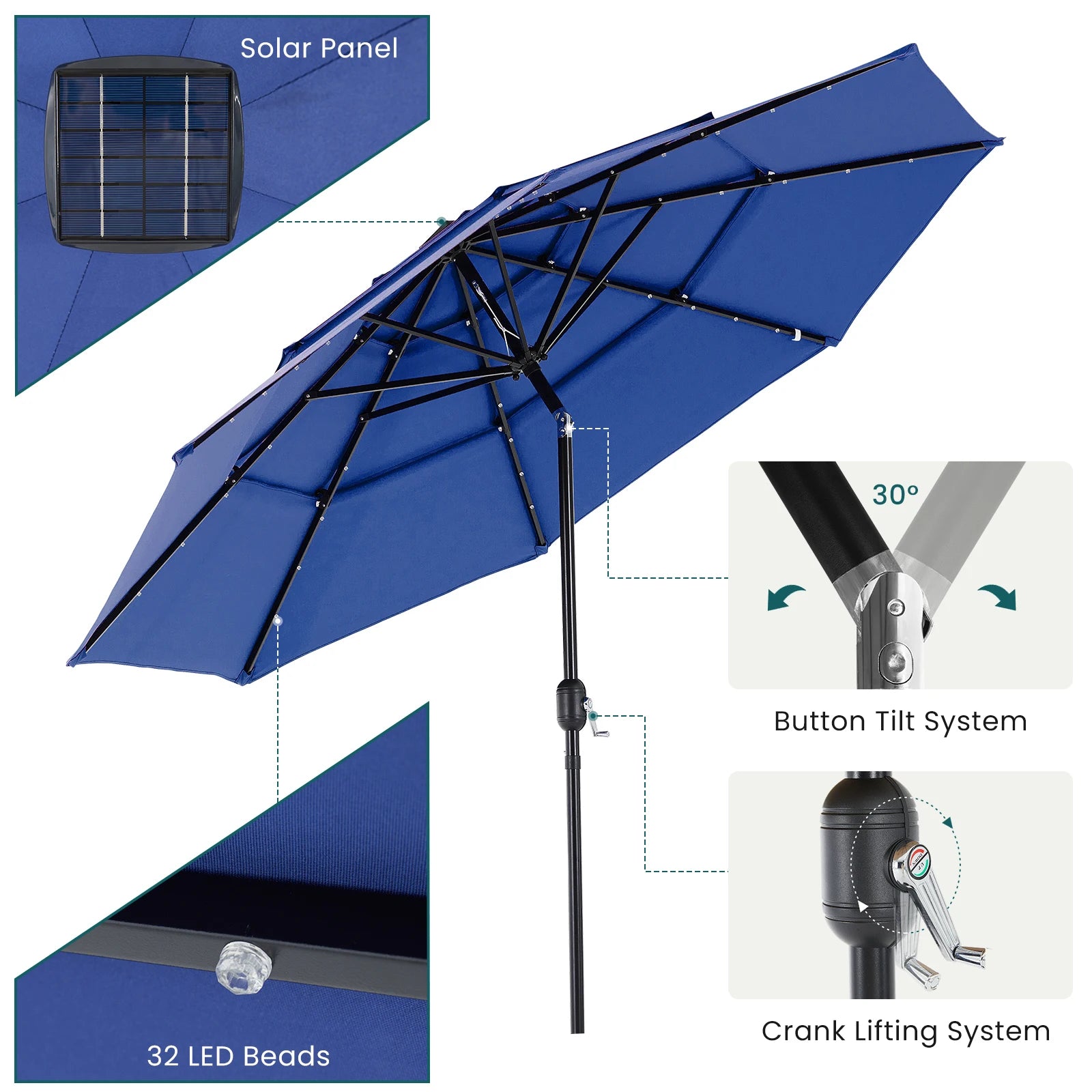 |TILTING| 10FT Solar Patio Outdoor Umbrella with Solar 32 LED Lights with 8 Sturdy Ribs