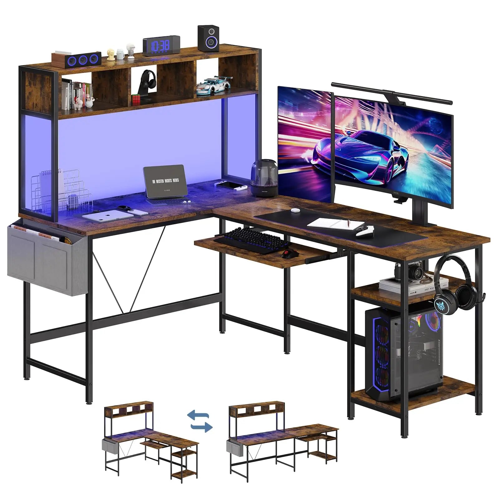 L Shaped Reversible Gaming Desk with Led Lights