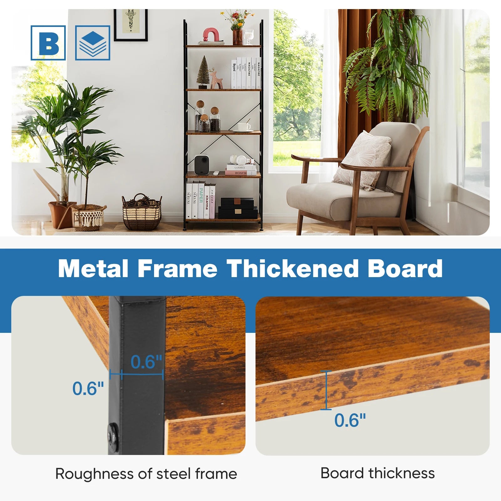 5 Tier Bookcase Bookshelf (Storage Organizer for Bedroom, Home Office, Kitchen, Living Room)