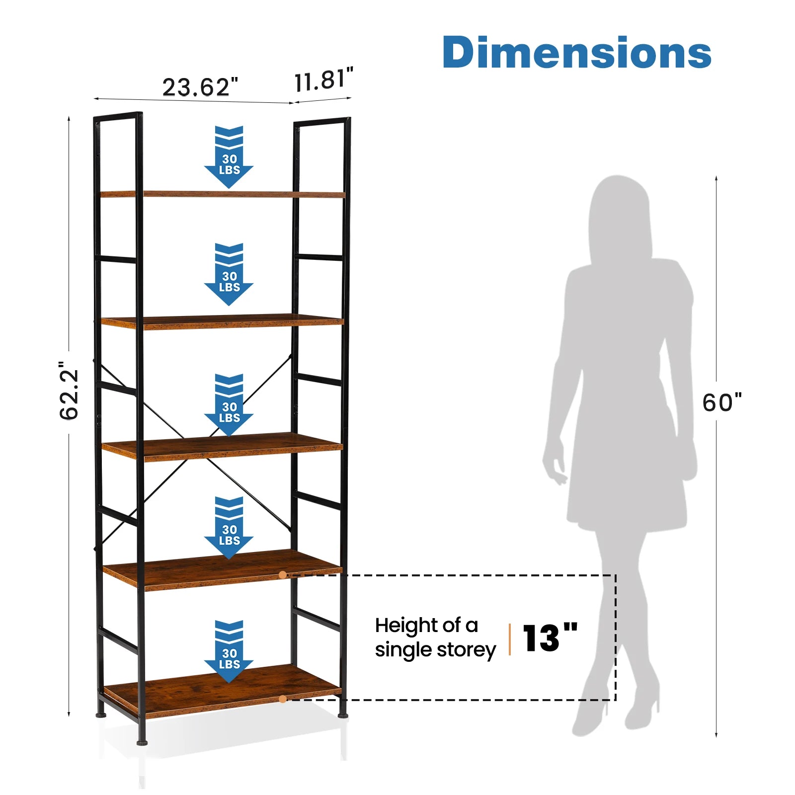 5 Tier Bookcase Bookshelf (Storage Organizer for Bedroom, Home Office, Kitchen, Living Room)