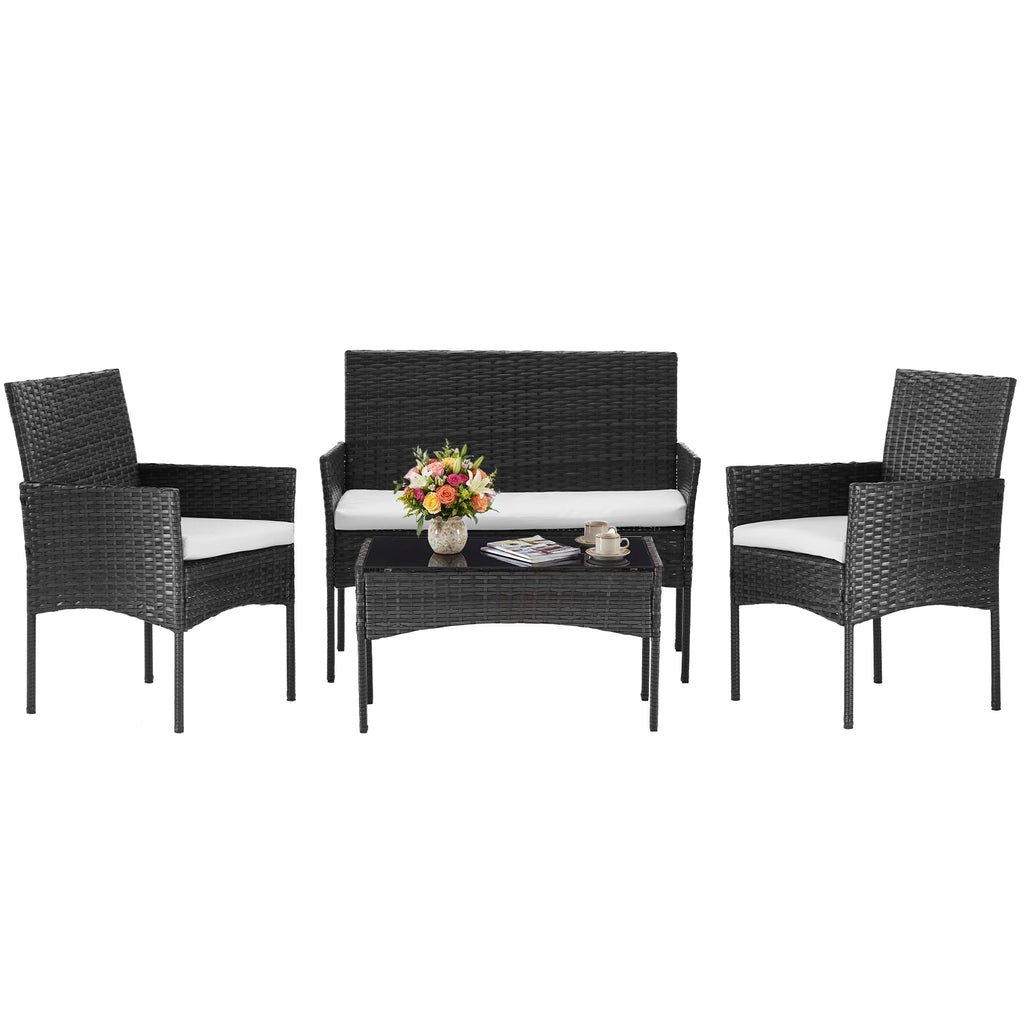 Large Size 4-Piece Patio Furniture Set (Weather-Resistant PE Rattan Wicker Outdoor Conversation Set with Tempered Glass)