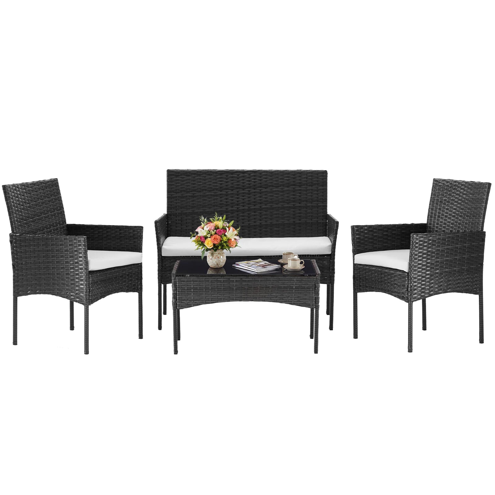 Large Size 4-Piece Patio Furniture Set (Weather-Resistant PE Rattan Wicker Outdoor Conversation Set with Tempered Glass)