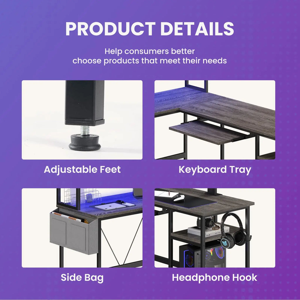 L Shaped Reversible Gaming Desk with Led Lights