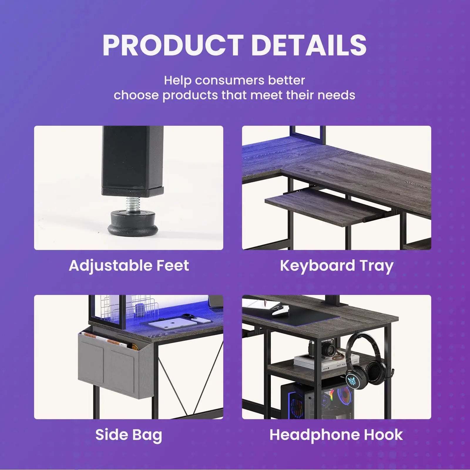 L Shaped Reversible Gaming Desk with Led Lights