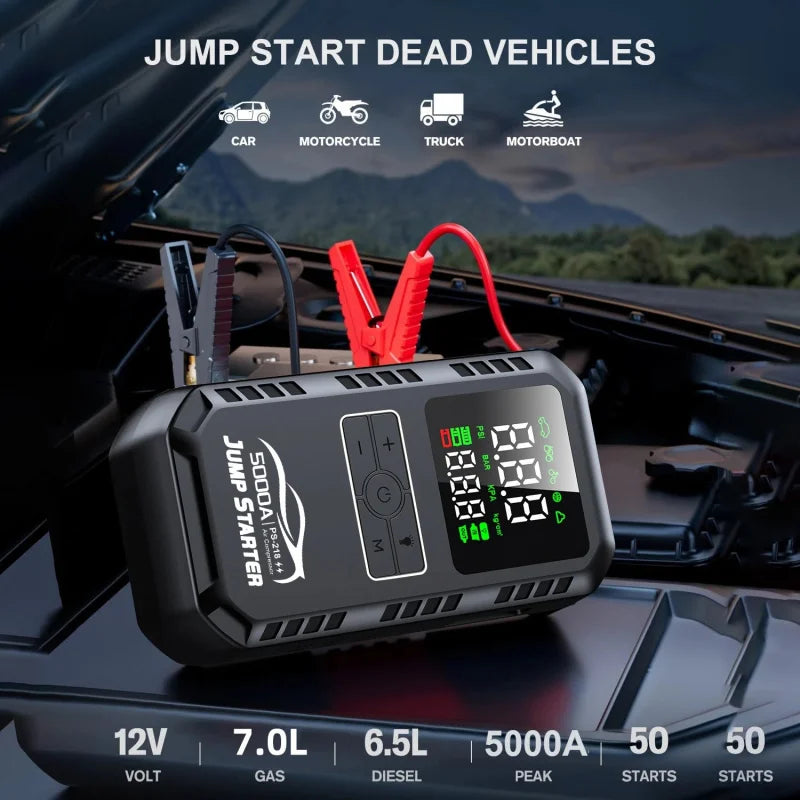 Car Emergency Jump Starter Device| And Air Pump Combo Booster| Car Battery Starter Power Bank Tire Inflator 6000mA-12000mA