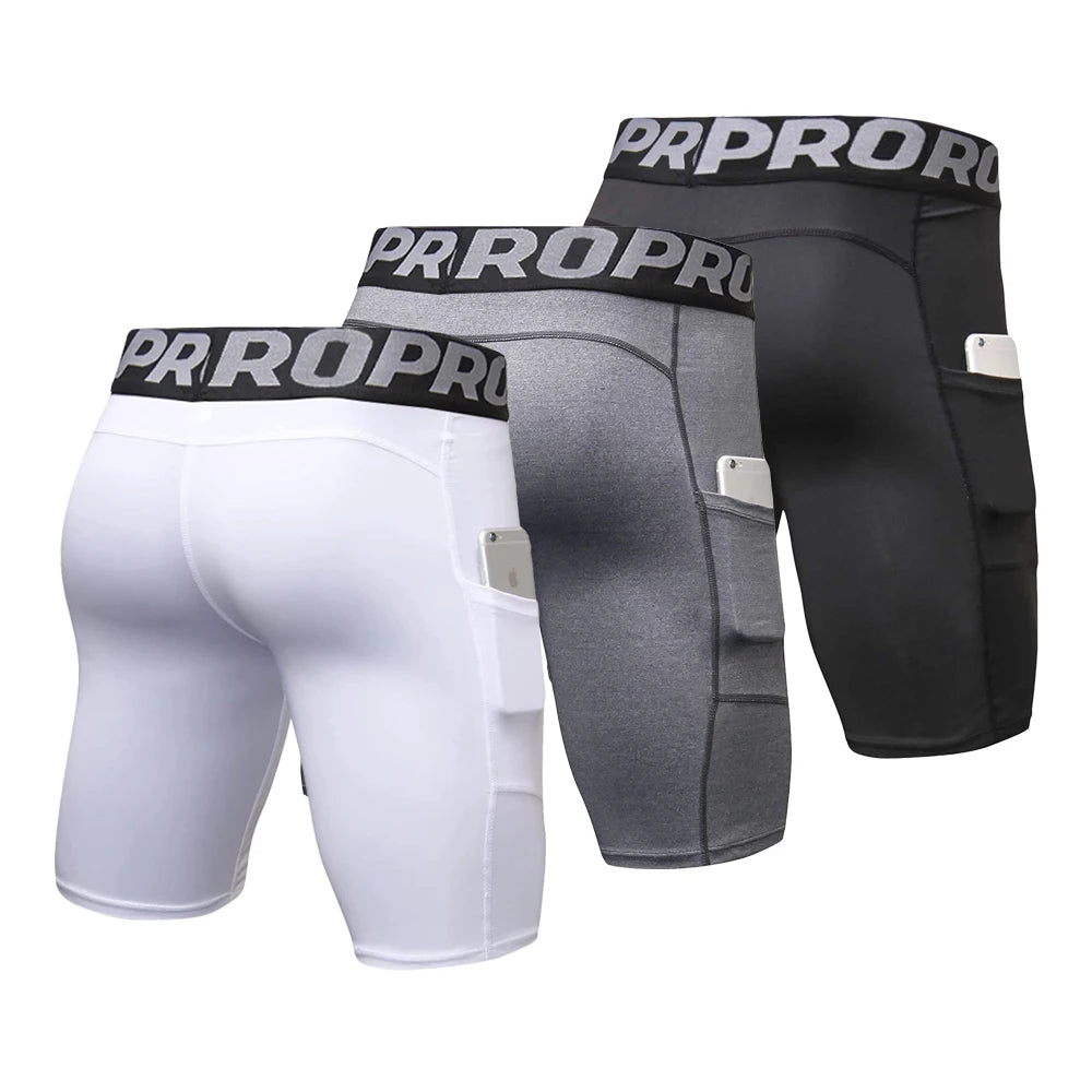 Mens Gym Shorts with Pockets Workout Compression Leggings for Men Polyester Boxer Briefs Running Athletic Tights