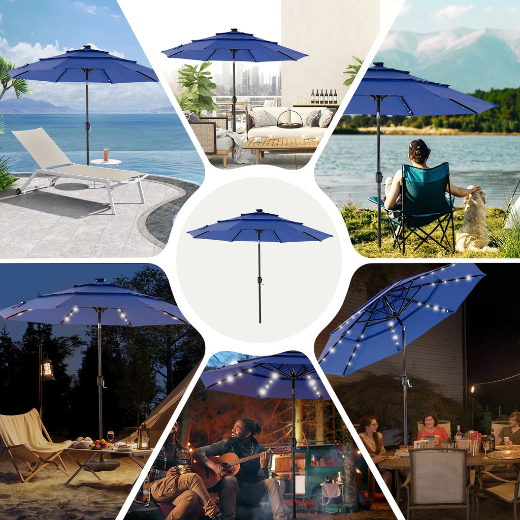 |TILTING| 10FT Solar Patio Outdoor Umbrella with Solar 32 LED Lights with 8 Sturdy Ribs