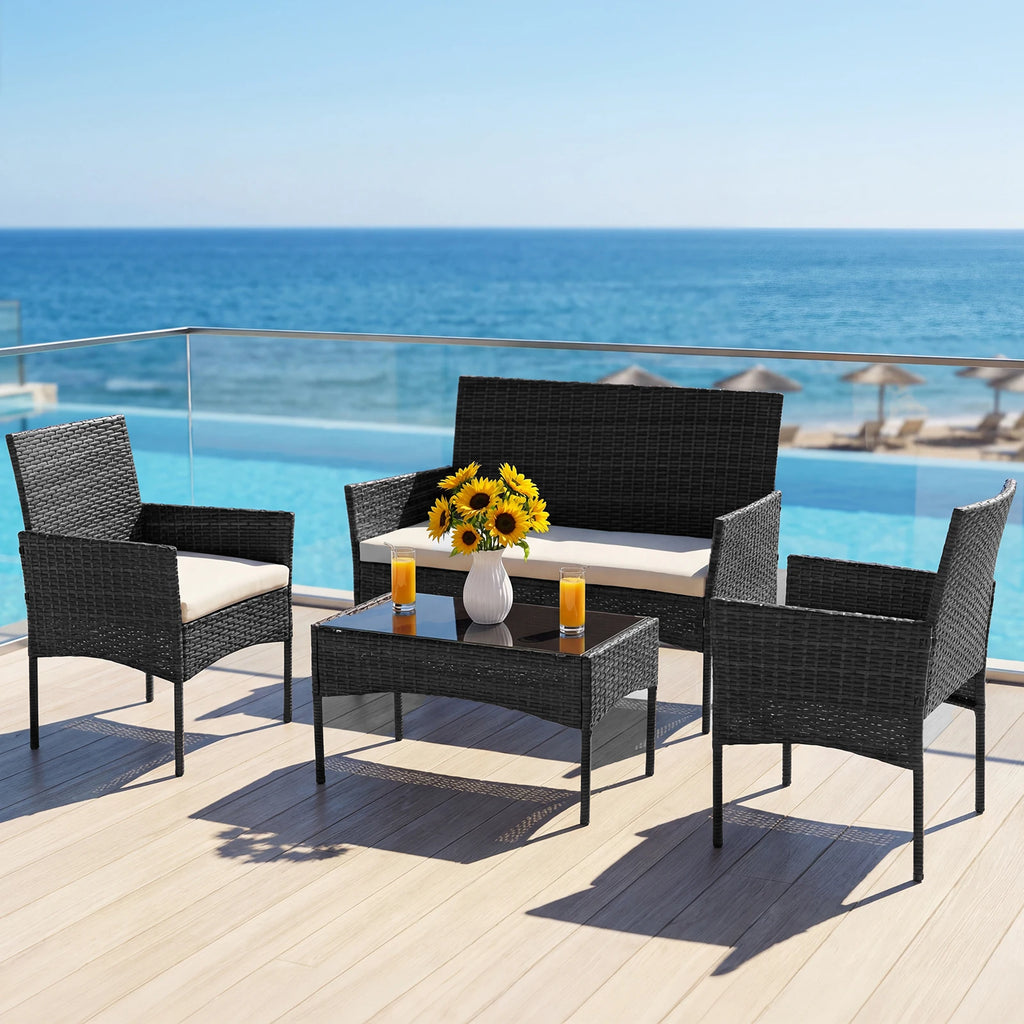 Large Size 4-Piece Patio Furniture Set (Weather-Resistant PE Rattan Wicker Outdoor Conversation Set with Tempered Glass)