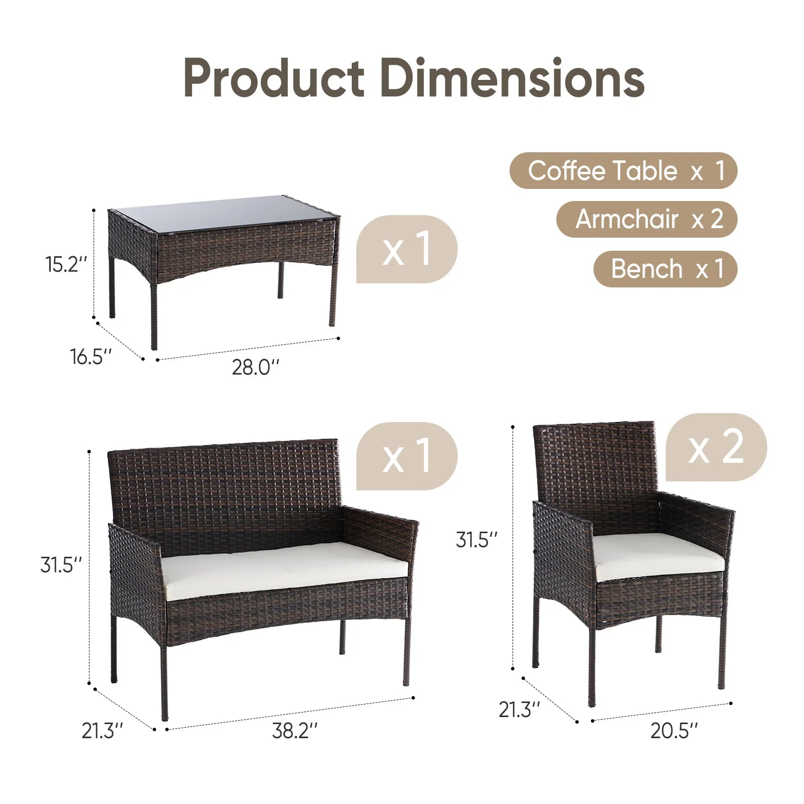 Large Size 4-Piece Patio Furniture Set (Weather-Resistant PE Rattan Wicker Outdoor Conversation Set with Tempered Glass)