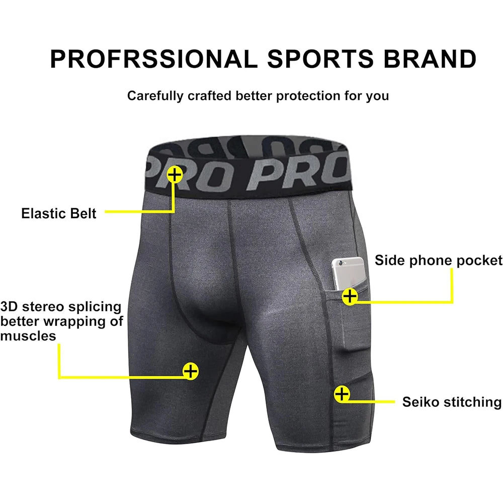 Mens Gym Shorts with Pockets Workout Compression Leggings for Men Polyester Boxer Briefs Running Athletic Tights