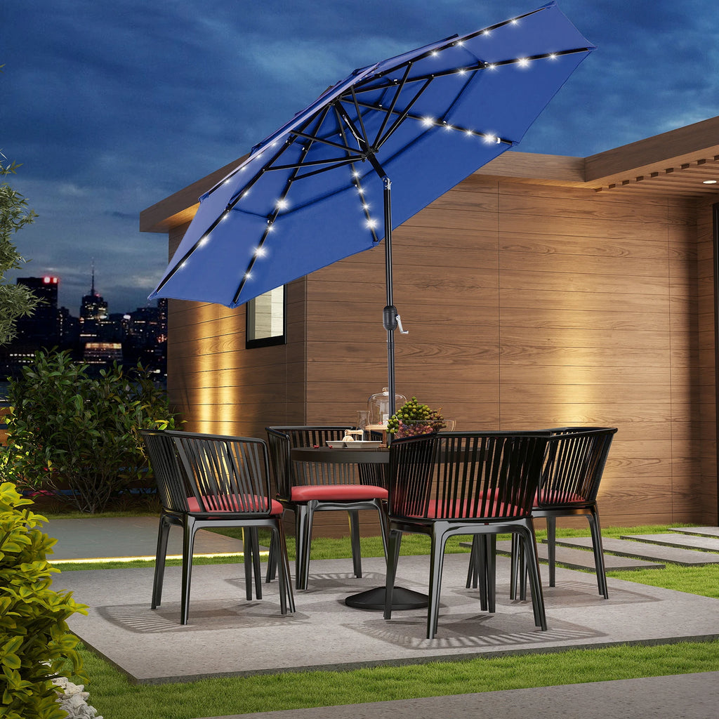|TILTING| 10FT Solar Patio Outdoor Umbrella with Solar 32 LED Lights with 8 Sturdy Ribs