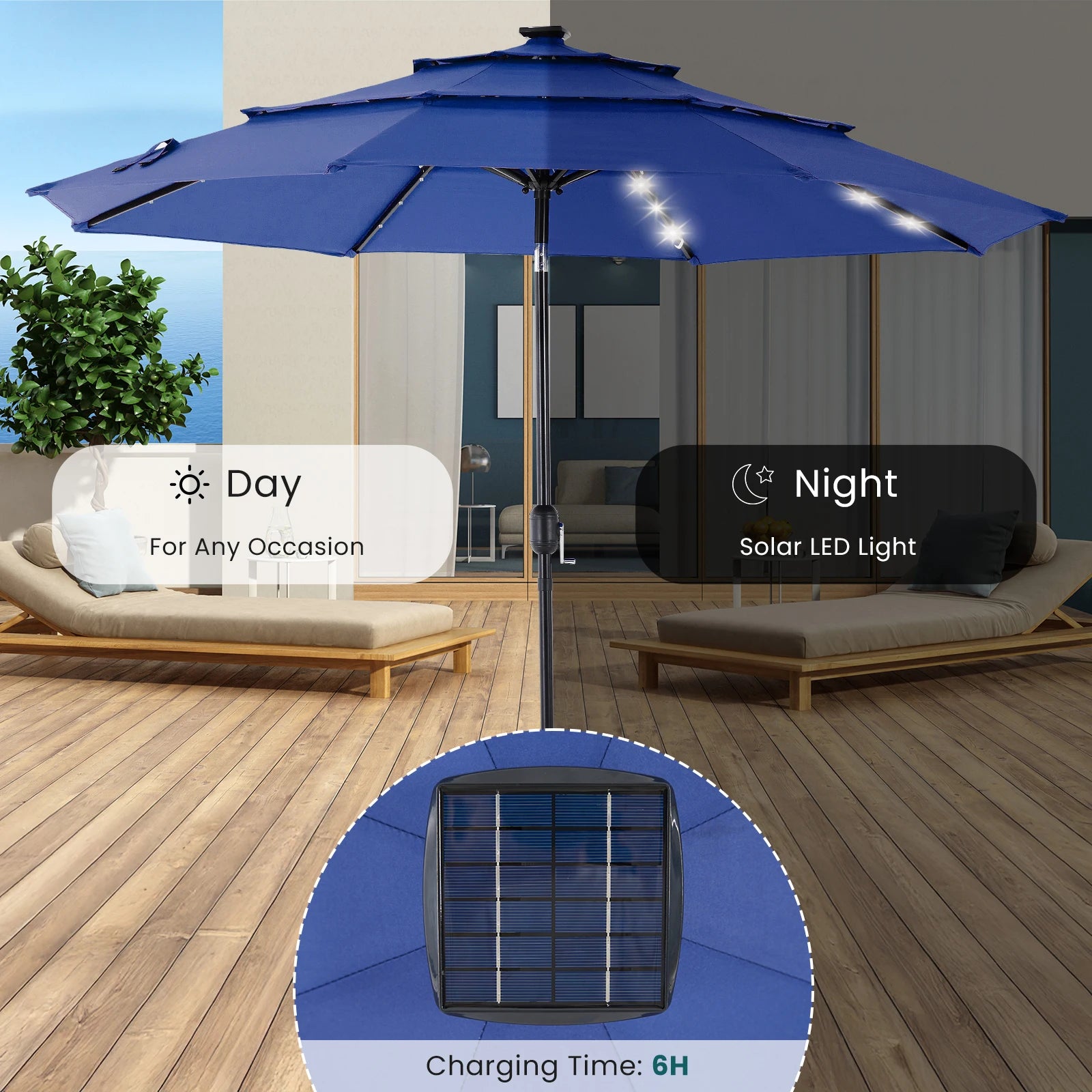 |TILTING| 10FT Solar Patio Outdoor Umbrella with Solar 32 LED Lights with 8 Sturdy Ribs