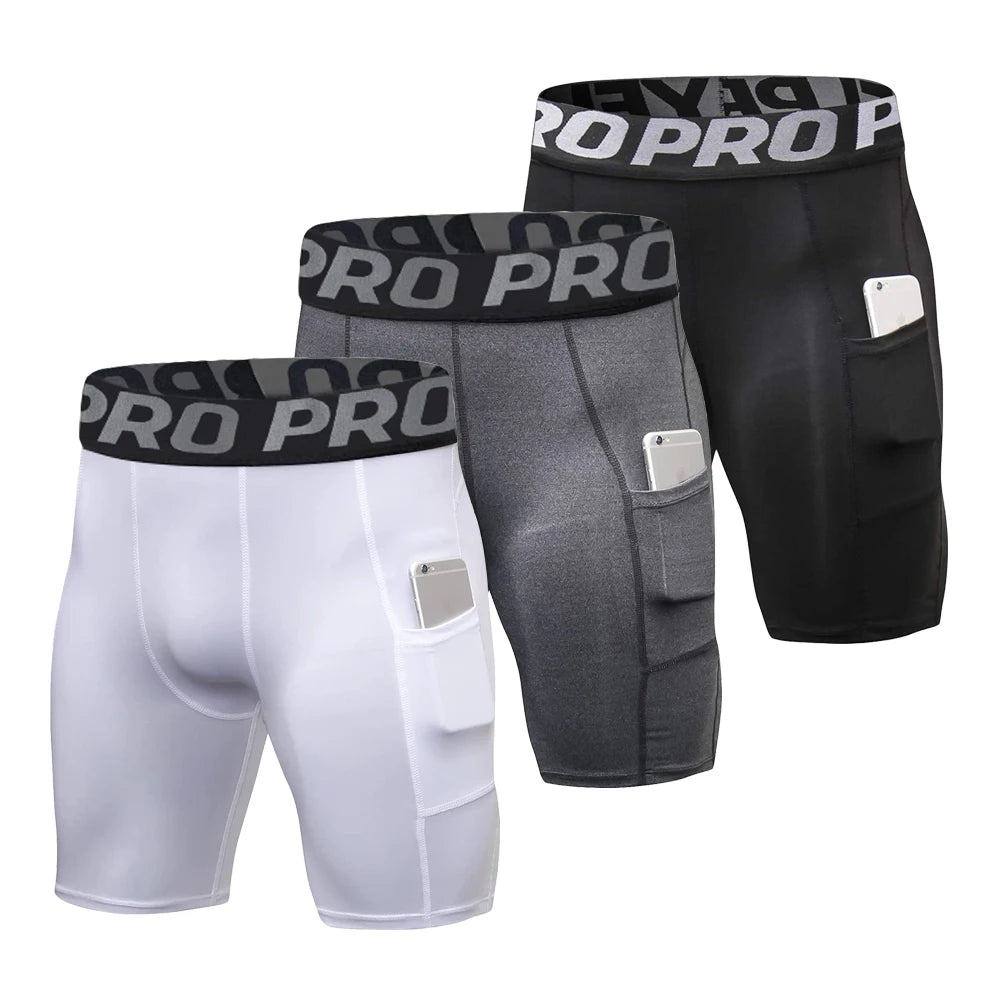 Mens Gym Shorts with Pockets Workout Compression Leggings for Men Polyester Boxer Briefs Running Athletic Tights