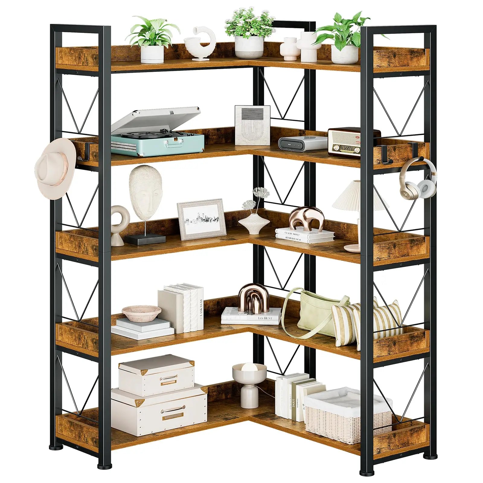 L Shaped Bookshelf 5 Tier Corner Bookcase with Hooks