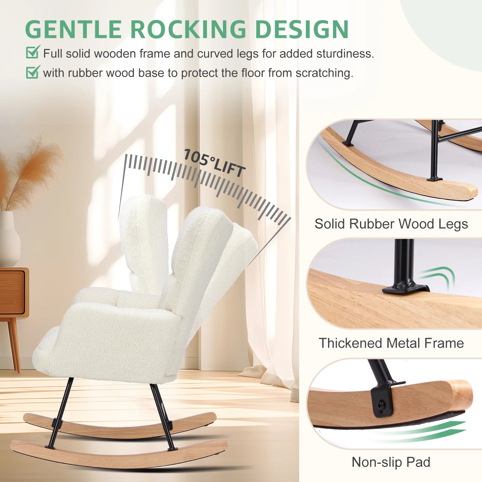 Teddy Fabric Upholstered Glider With High Backrest,Padded Seat, Accent Recliner,Cushion Rocker Armchair,Bedroom Furniture