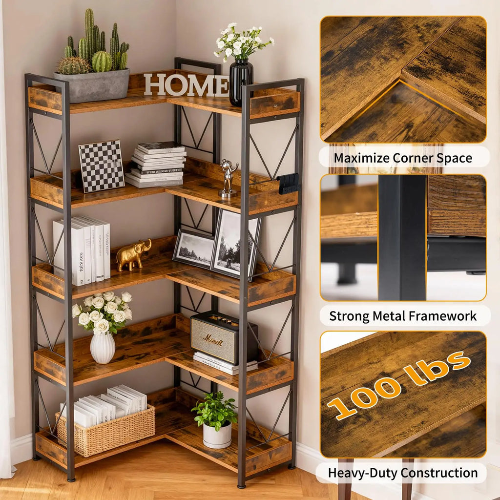 L Shaped Bookshelf 5 Tier Corner Bookcase with Hooks