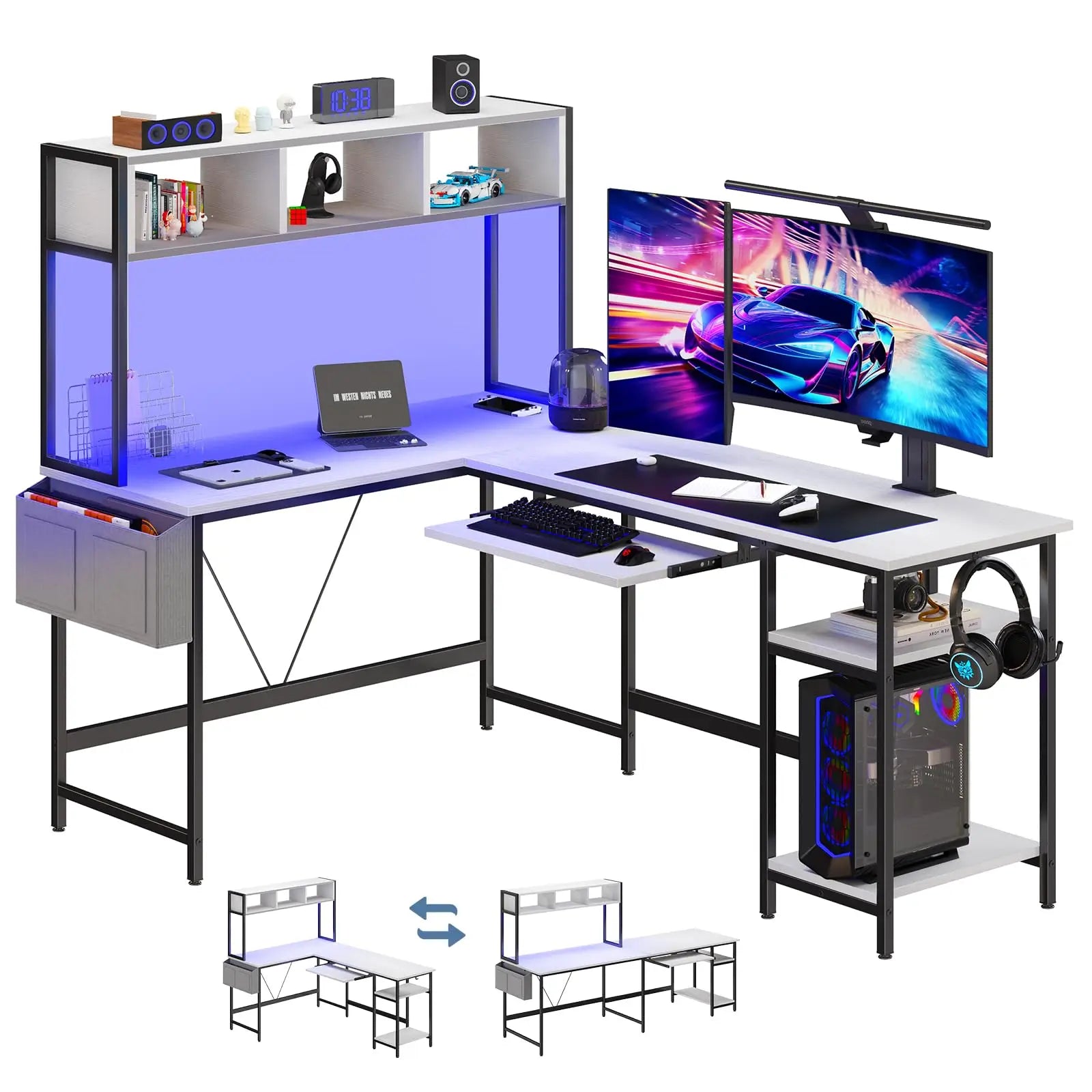 L Shaped Reversible Gaming Desk with Led Lights