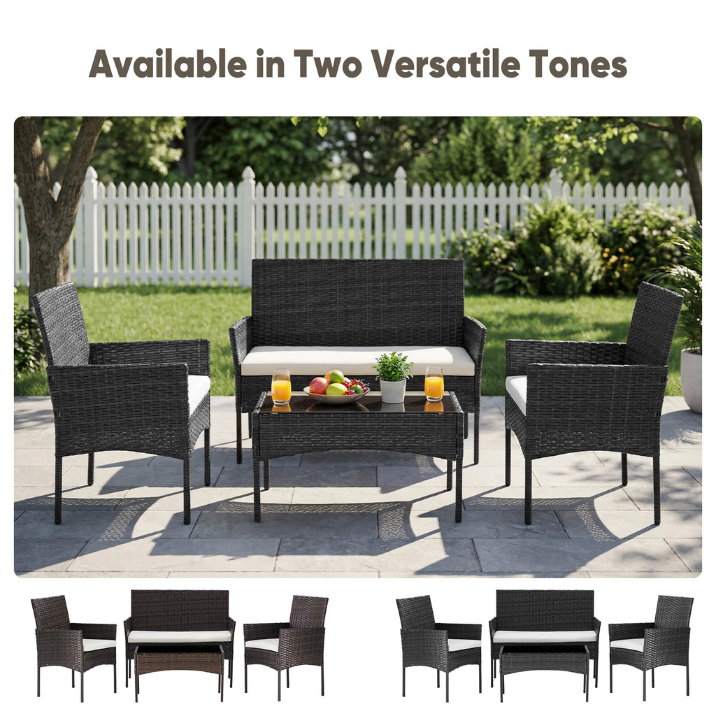Large Size 4-Piece Patio Furniture Set (Weather-Resistant PE Rattan Wicker Outdoor Conversation Set with Tempered Glass)