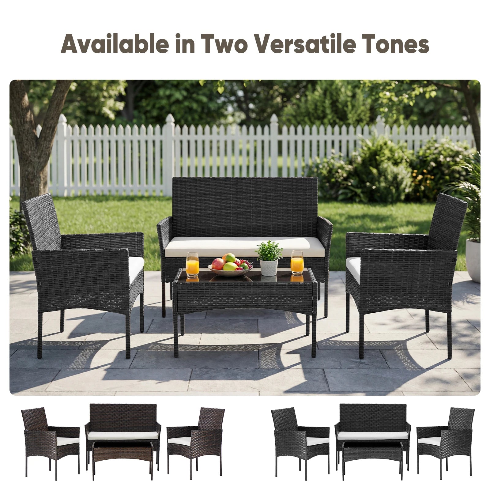 Large Size 4-Piece Patio Furniture Set (Weather-Resistant PE Rattan Wicker Outdoor Conversation Set with Tempered Glass)