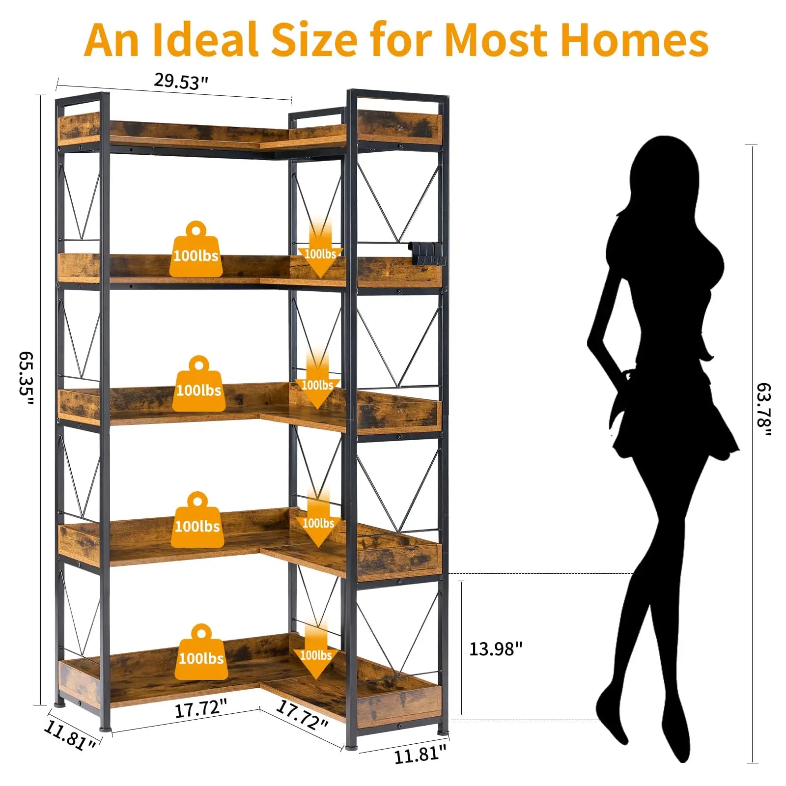L Shaped Bookshelf 5 Tier Corner Bookcase with Hooks