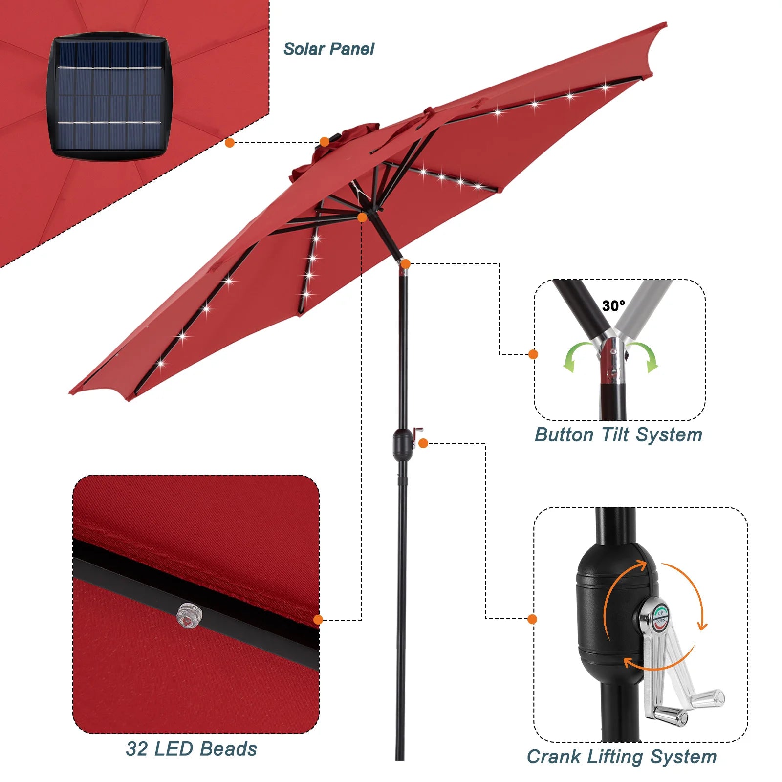 10FT Solar Patio Umbrella with 32 LED Lights UV-Resistant